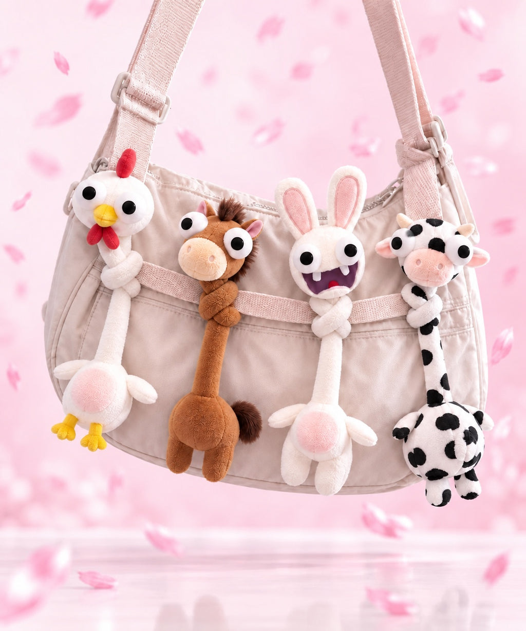 Long Neck Plush characters attached to a bag