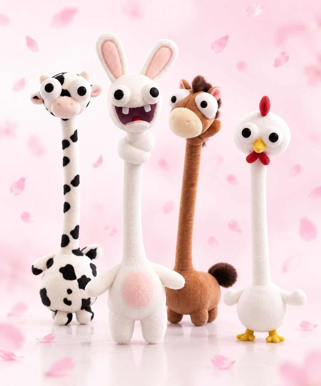 Long Neck Plush Set with Cow, Rabbit, Horse and Chicken